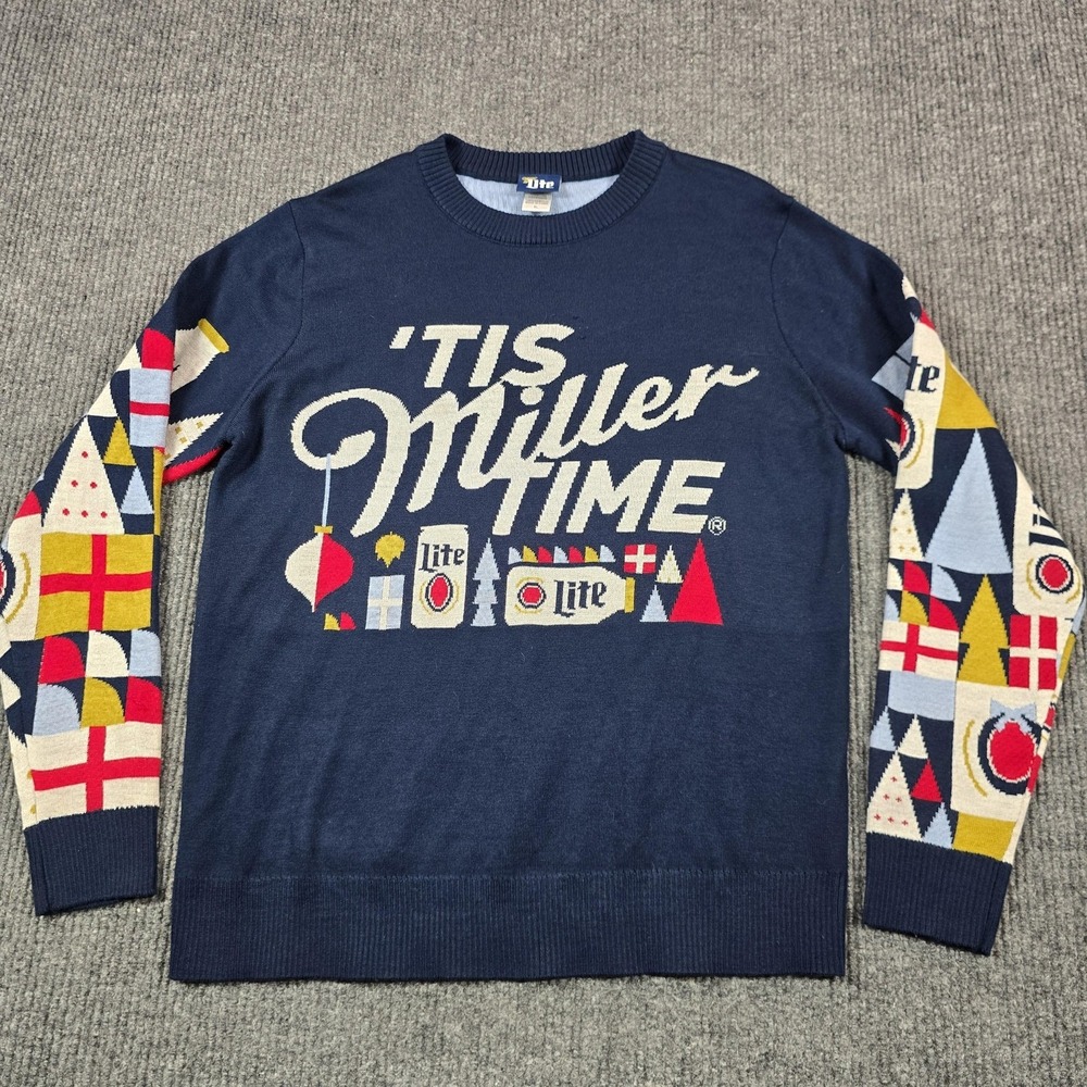 Miller Lite Sweater Mens XL Blue 'Tis Miller Time Ugly Christmas Pullover‎